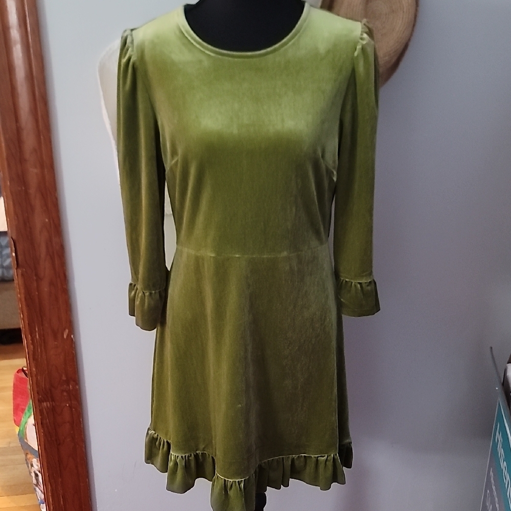 Forever 21 Sage Green Long  Sleeve Flounce Mini  Velvet Dress